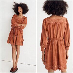 💕MADEWELL💕 Embroidered Corduroy Square-Neck Mini Dress ~ Warm Umber Medium NWT
